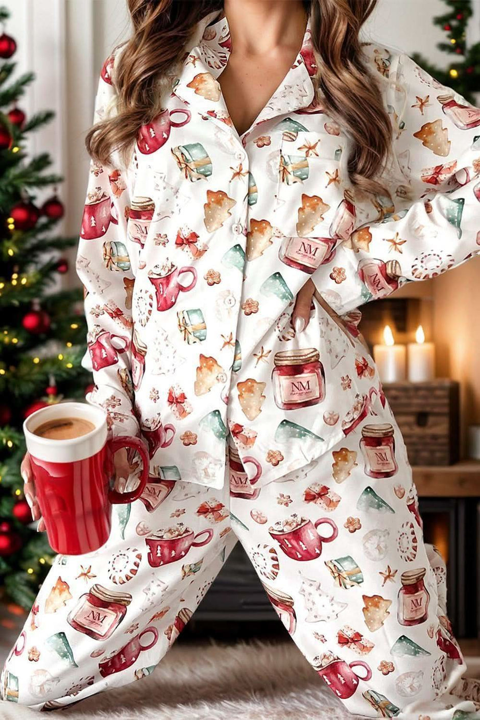 Cozy Printed Collared Neck Top and Pants Lounge Set - SwagglyLife Home & Fashion